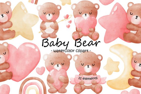 Baby Brown Bear Watercolor Clipart for Etsy & Print-on-Demand Sellers
