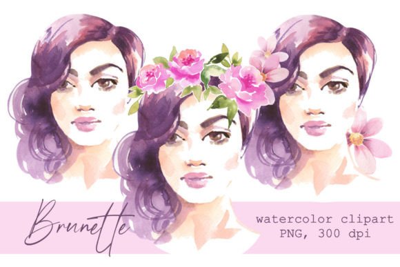 Brunette Girl Watercolor PNG Clipart & Illustrations