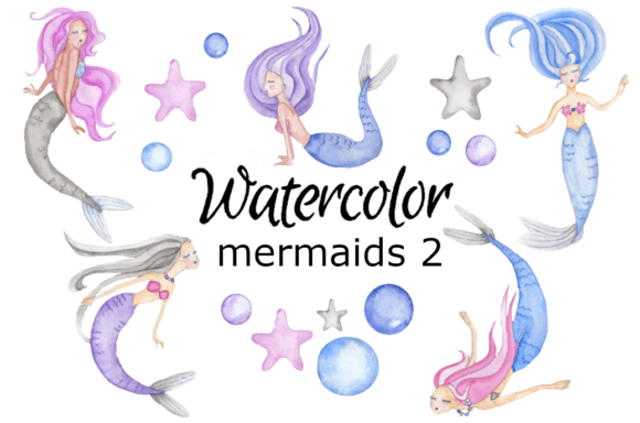 Mermaid 2 Watercolor Clipart & Illustrations