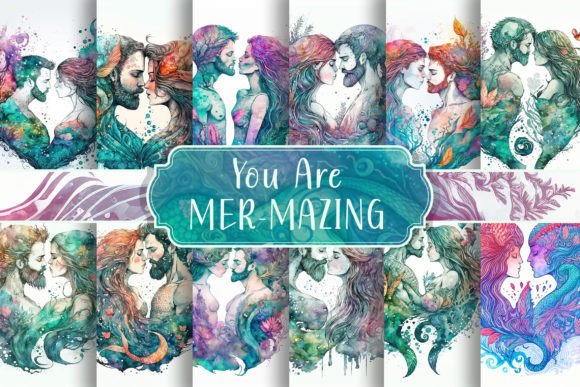 Mermaids Mermen in Love Watercolor Illustrations