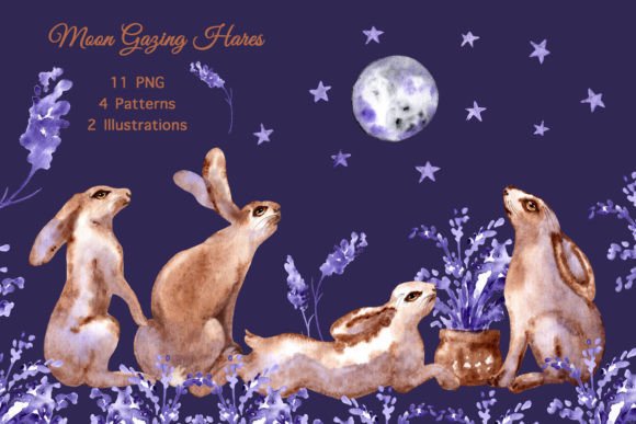 Moonlit Magic: Exploring the Watercolor Moon Gazing Hare Clip Art Set for Crafting & Handmade Business Use