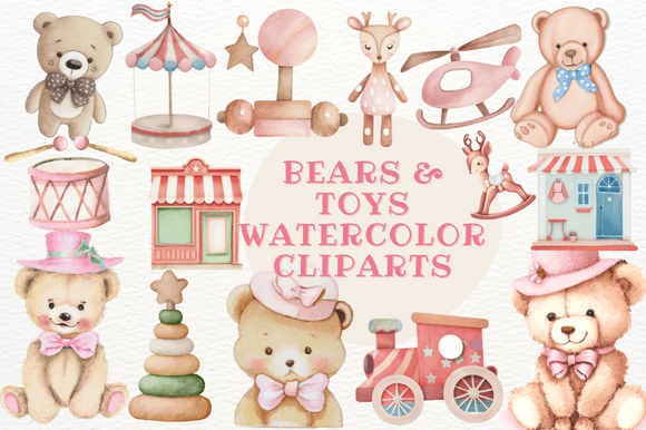 Watercolor Bear Train Kids Toy Cliparts: Illustrations That Bring Playful Charm to Content Publishing