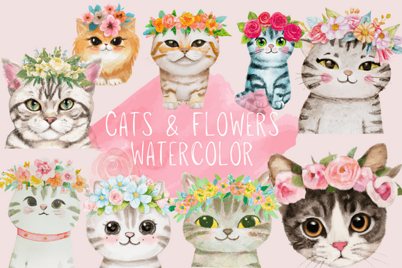 Watercolor Cat with Flowers Rose Illustrations: A Fresh Editorial Design Asset for Content Publishers