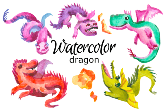 WATERCOLOR CLIPART Dragon Prints Fantasy: Illustrations That Sparkle with Whimsy and Wonder