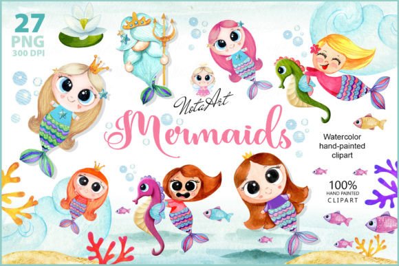 Watercolor Mermaids Clipart & Illustrations