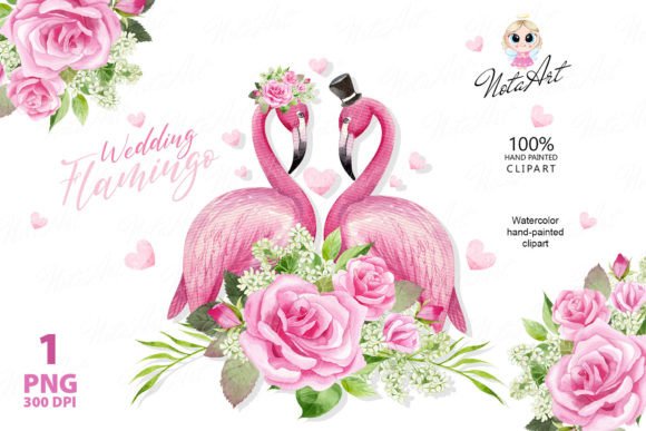 Watercolor Pink Flamingo Wedding Couple Illustrations