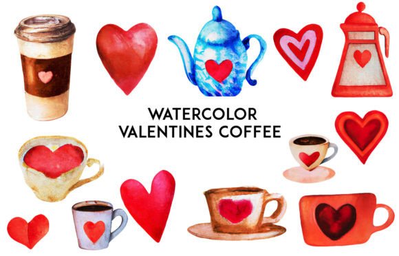 Watercolor Valentines Coffee Illustrations for Crafting